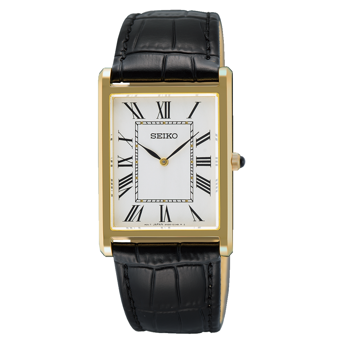 Seiko Klassik SWR104P1 mit goldfarbenem Gehäuse, weißem Zifferblatt und schwarzem Lederarmband