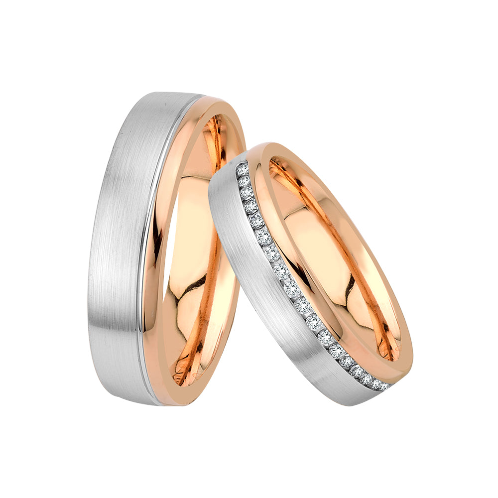 Exklusive GIORO Varenna Trauringe aus Roségold und Weißgold mit 18 handgefassten Brillanten