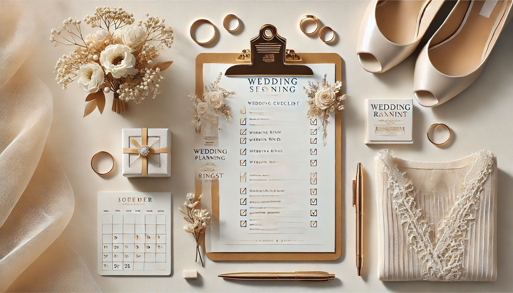 Elegante flache Anordnung von Hochzeitsplanungsutensilien, darunter eine Checkliste, Trauringe, ein goldener Stift und ein kleiner Blumenstrauß – perfekte Visualisierung für eine stressfreie Hochzeitsplanung.