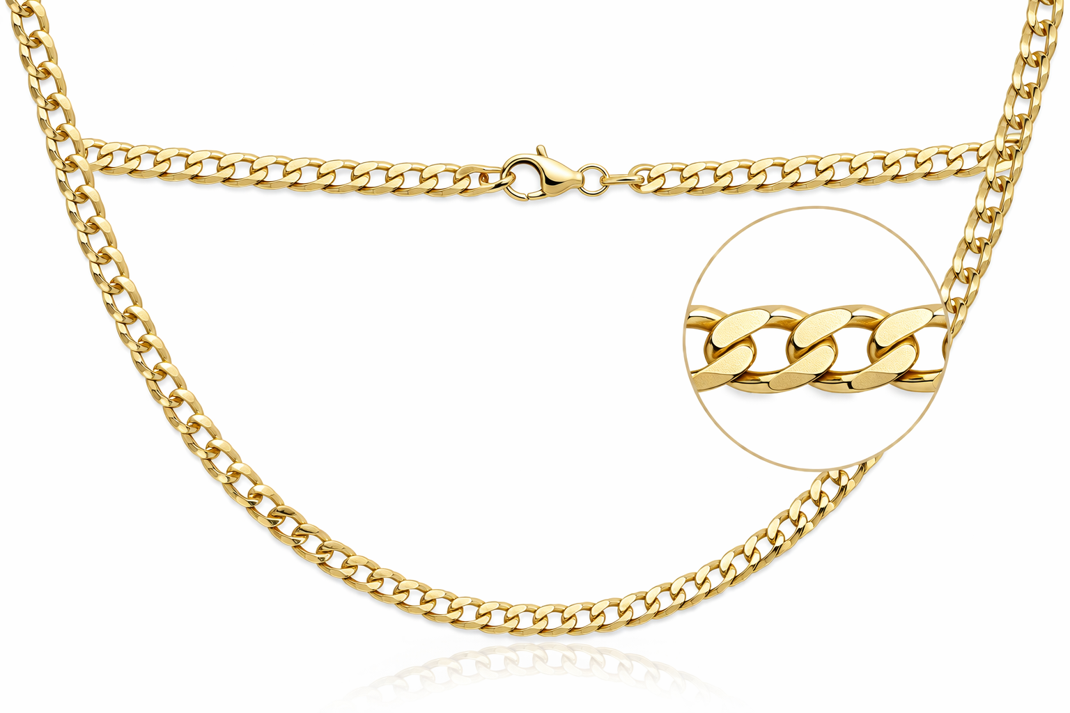 Detailaufnahme einer diamantierten Panzerkette aus 585 Gelbgold mit glänzenden Gliedern