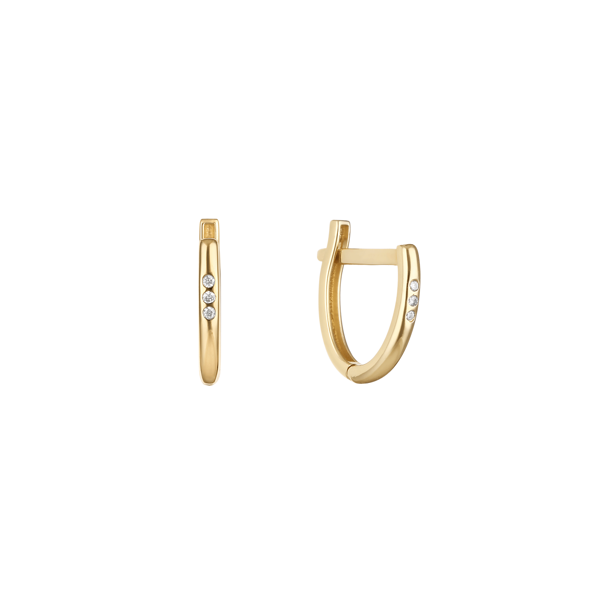 Elara Creolen aus 585er Gold mit drei handgefassten Kristallsteinen im Brillantschliff, filigranes Design mit sicherem Scharnierverschluss