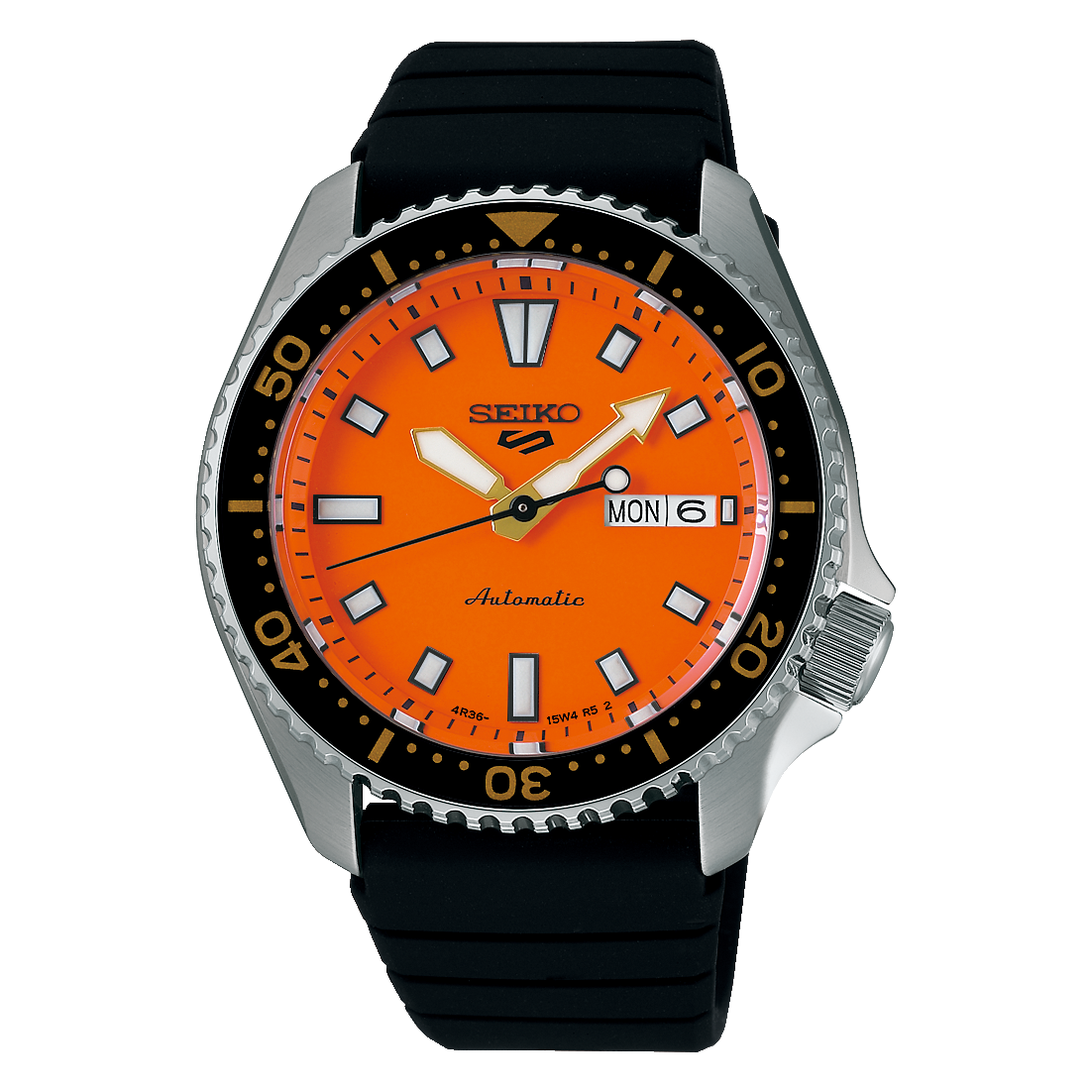Seiko 5 Sports SKX Series SRPL89K1 mit orangefarbenem Zifferblatt und schwarzem Silikonarmband