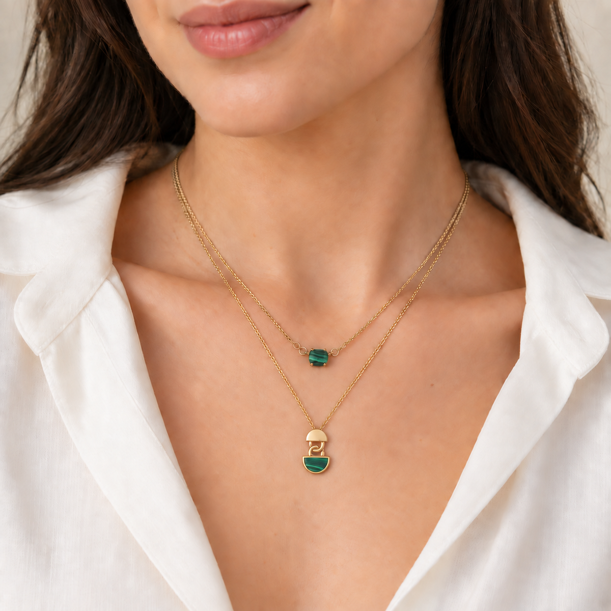 Francesca 585er Gold Halskette mit handgefasstem Malachit