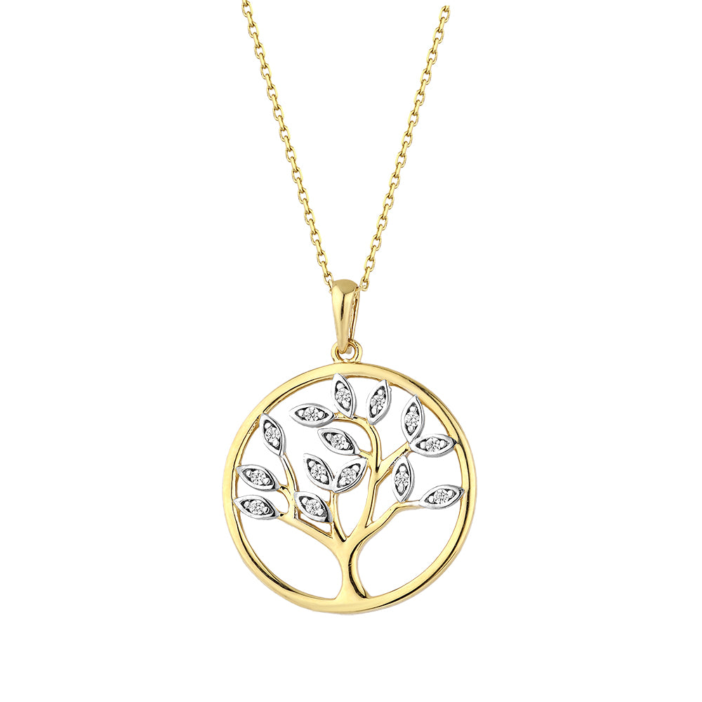 Lebensbaum 585 Gold Halskette mit GIORO Kristalle
